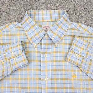 Brooks Brothers 346 Shirt Adult Medium Yellow/Blue Non Iron Supima Cotton L/S